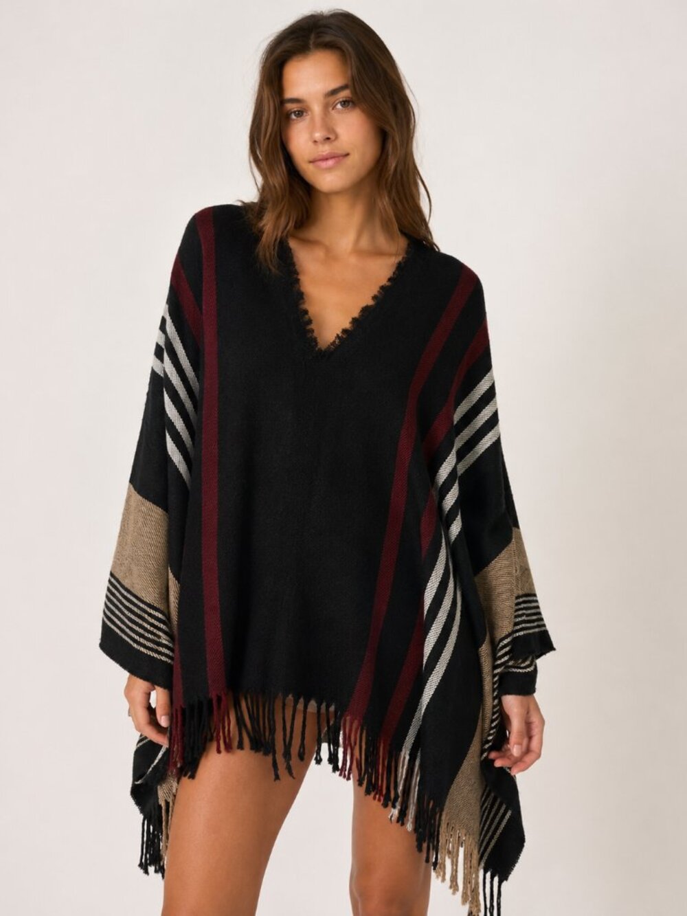 Vintage Free People Striped Fringe Pullover Poncho Tunic